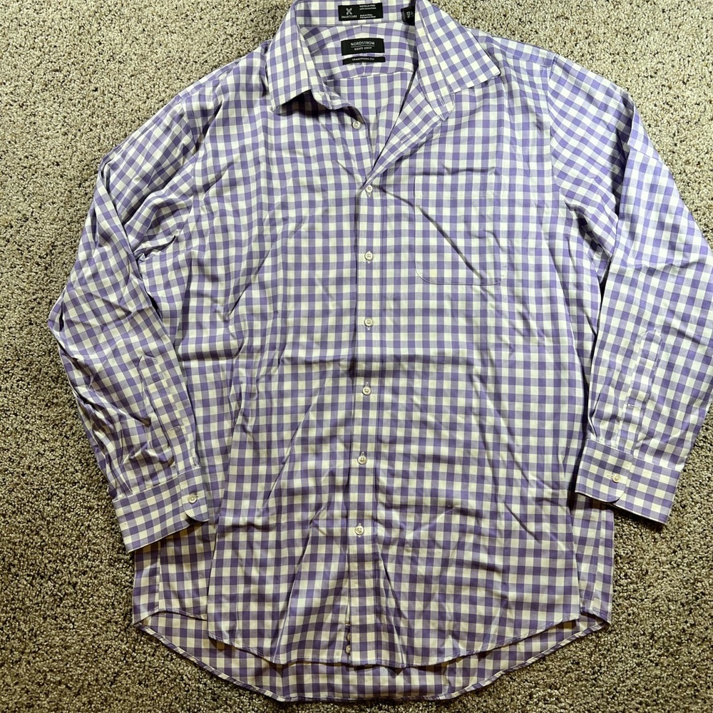 Nordstrom Men's Smartcare Traditional Fit Gingham Dress Shirt Purple/White Sz 34